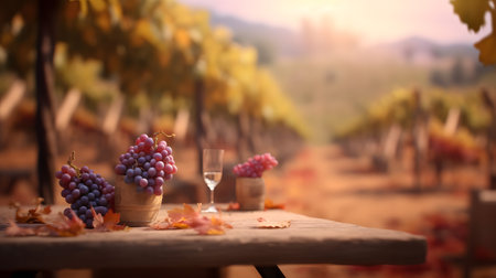 Grapes and wine glasses on table in vineyard, autumn harvestの素材