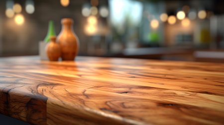 Empty wooden table in a cafe or restaurant. Blurred background.の素材