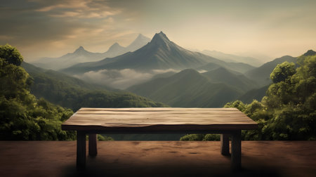 Wooden table against misty landscape with mountain peak in the backgroundの素材