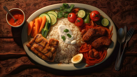 Rice with chicken and vegetables in a plate on a wooden backgroundの素材