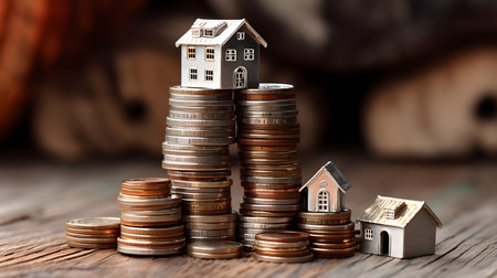 House model and coins on wooden background. Real estate investment concept.の素材