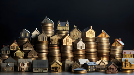 Miniature houses and coins stacks on dark background. Real estate concept.の素材