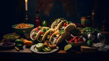 Mexican tacos with guacamole and vegetables on wooden tableの素材