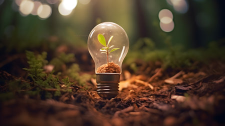 Glowing light bulb with green seedling growing inside. Ecology concept.の素材