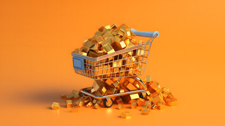 Shopping cart full of gold bars on orange background. 3d illustrationの素材