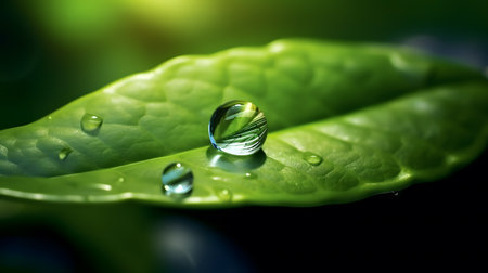 Water drop on green leaf macro close up. Nature background with copy space.の素材