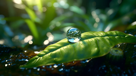 Water drop on green leaf in the morning light. Nature concept.の素材