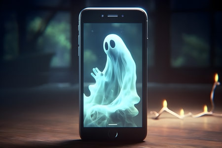 Halloween ghost coming out of a smartphone screen.の素材