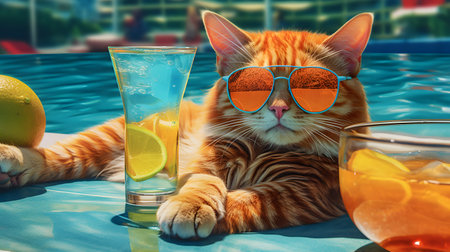 Cute ginger cat wearing sunglasses and drinking lemonade at swimming poolの素材