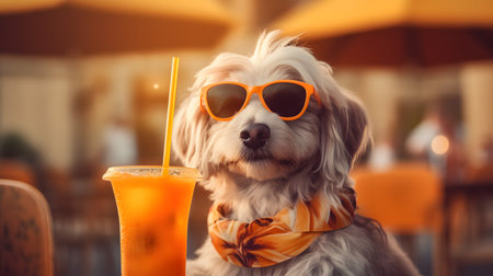 Cute dog in sunglasses and orange scarf with a glass of orange juiceの素材