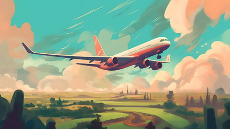 Airplane flying over the city. Traveling by air.の素材