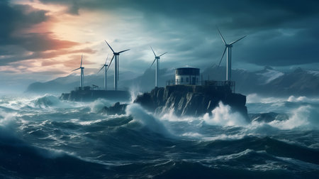 Wind turbines and lighthouse in stormy seaの素材