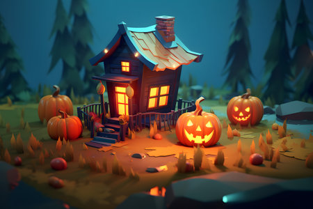 Halloween scene with haunted house and pumpkinsの素材