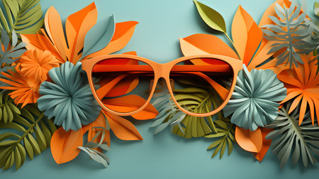 orange sunglasses with tropical leaves on blue background.の素材