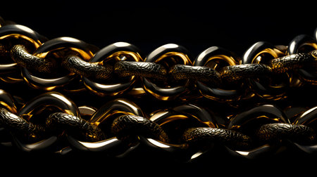 Golden chain isolated on black background. Close up of golden chain.の素材