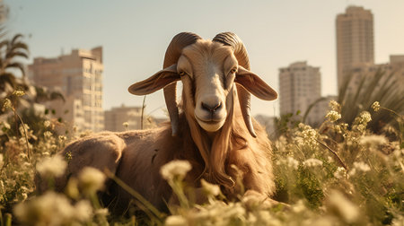 Barbary sheep in the meadow with tall buildings in the backgroundの素材