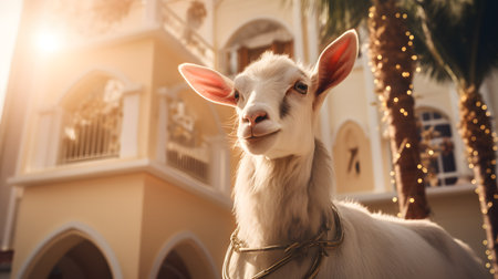 Portrait of a white goat on the background of the city.の素材