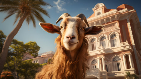 Portrait of a goat in front of a house and palm treesの素材