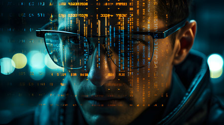 Double exposure of hacker and binary code. Concept of cybercrime.の素材