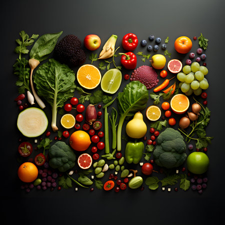 Fresh fruits and vegetables on dark background. Healthy food concept. Top view.の素材