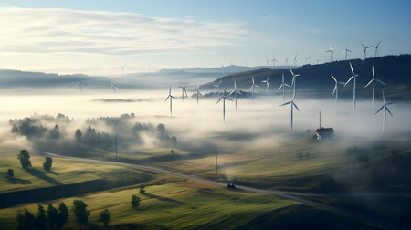 An image of wind turbines in a foggy field at sunrise.の素材