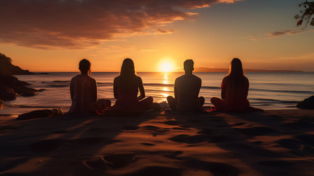 Silhouette of a group of people meditating on the beach at sunsetの素材
