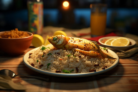 Close up of a plate of fried fish with rice and lemon on a wooden tableの素材