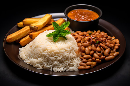 Baked beans with rice and french fries on a black background.の素材