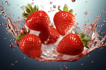strawberries in water with splash on blue backgroundの素材