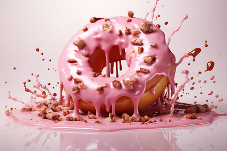 Donut with pink icing and milk splash isolated on white background.の素材
