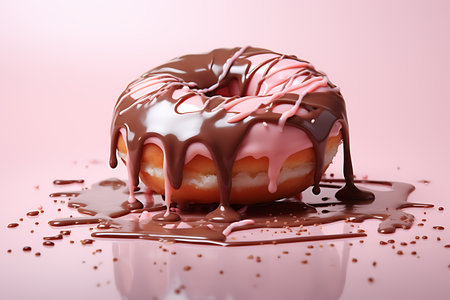 donut with chocolate glaze and sprinkles on a pink backgroundの素材