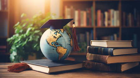 Globe with graduation cap and books on wooden table. Education conceptの素材