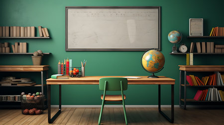 School classroom interior with desk, bookshelf, books and globeの素材