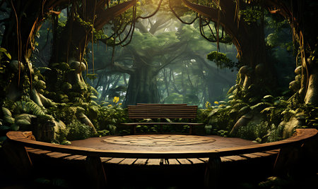 landscape with wooden bench in the jungleの素材