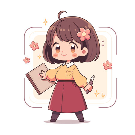 Vector illustration of a cute little girl with a book and a paintbrushのイラスト素材