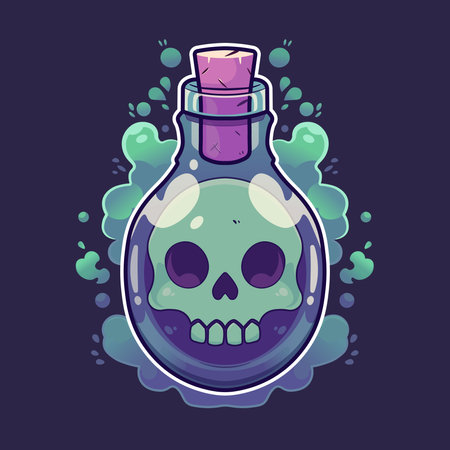 Magic potion bottle with skull inside. Vector illustration on dark background.のイラスト素材