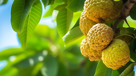 Atis (Annona Squamosa) fuit on a tree branch with copy space for text backgroundの素材
