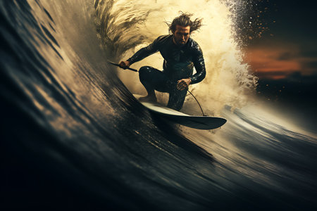 Surfer on the ocean wave at sunset. Surfing concept.の素材