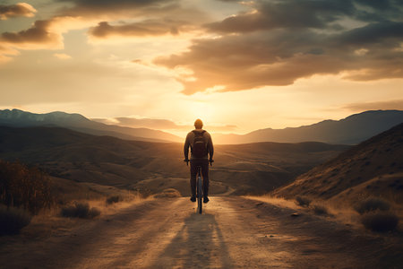 Cyclist riding a bicycle on the road in the mountains at sunsetの素材