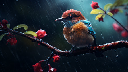 Red throated kingfisher sitting on a branch in the rainの素材