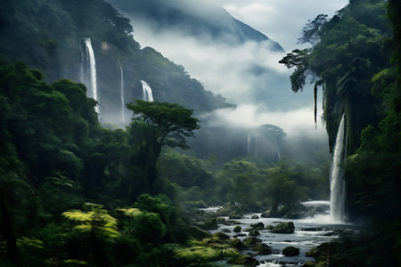 Waterfall in the rainforest of South Island, New Zealand.の素材