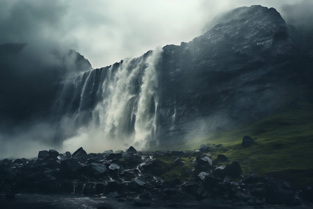 Icelandic landscape with waterfalls and foggy mountains. Toned.の素材