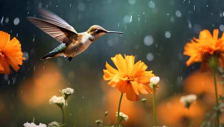Hummingbird flying in the rain with beautiful orange flowers in the backgroundの素材