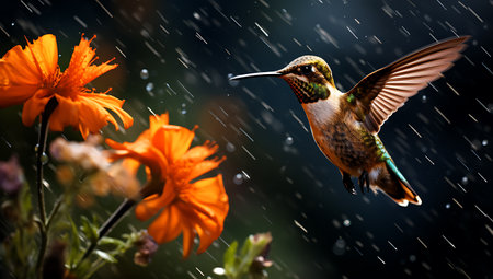 Hummingbird in flight with orange flowers and rain drops on the backgroundの素材