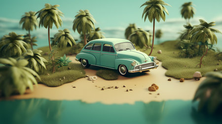 Vintage car with luggage on the beach. Summer vacation conceptの素材