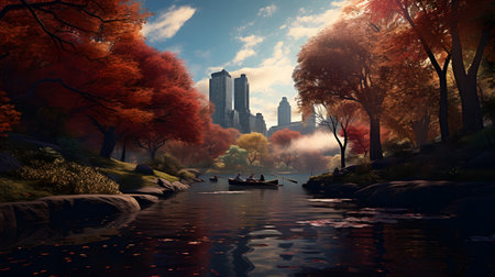 Autumn landscape with lake and trees in Central Park, New York Cityの素材