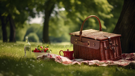 Picnic basket on green grass in the parkの素材