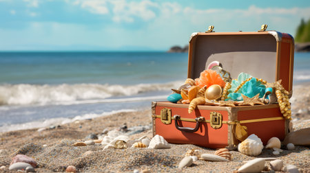 Open old suitcase with seashells on the sand by the seaの素材