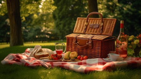 Picnic in the park. Picnic basket with food and wineの素材