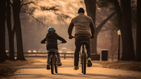 Father and son riding bicycles in the park at sunset. Concept of friendly family.の素材